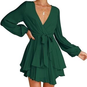 Womens dress deep vneck long sleeve waist tie ruffle mini skater dress size L